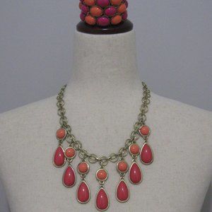 Bright Coral Orange and Pink Statement Necklace & Stretch Cuff Bracelet Set